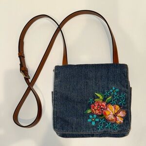 Patricia Nash Denim Crossbody Bag with Brown Strap and Floral Embroidery